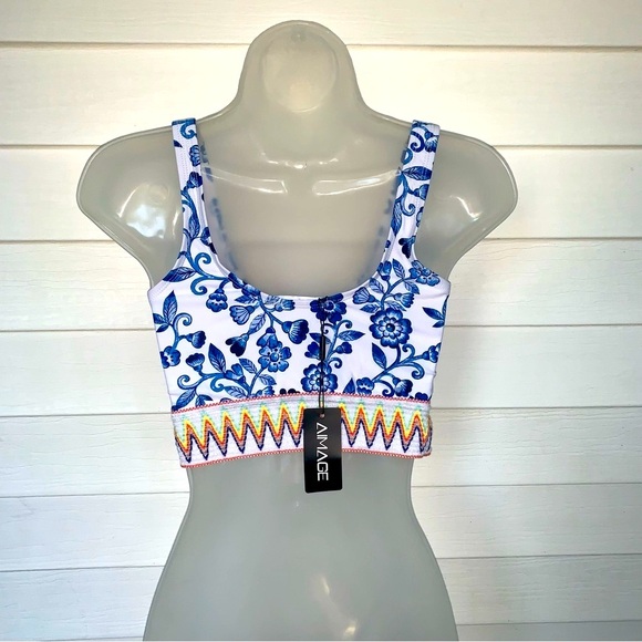 Blue and White Sleeveless Crop Bikini Top RUNS BIGGER SIZE LIKE MEDIUM NWT - Picture 3 of 4